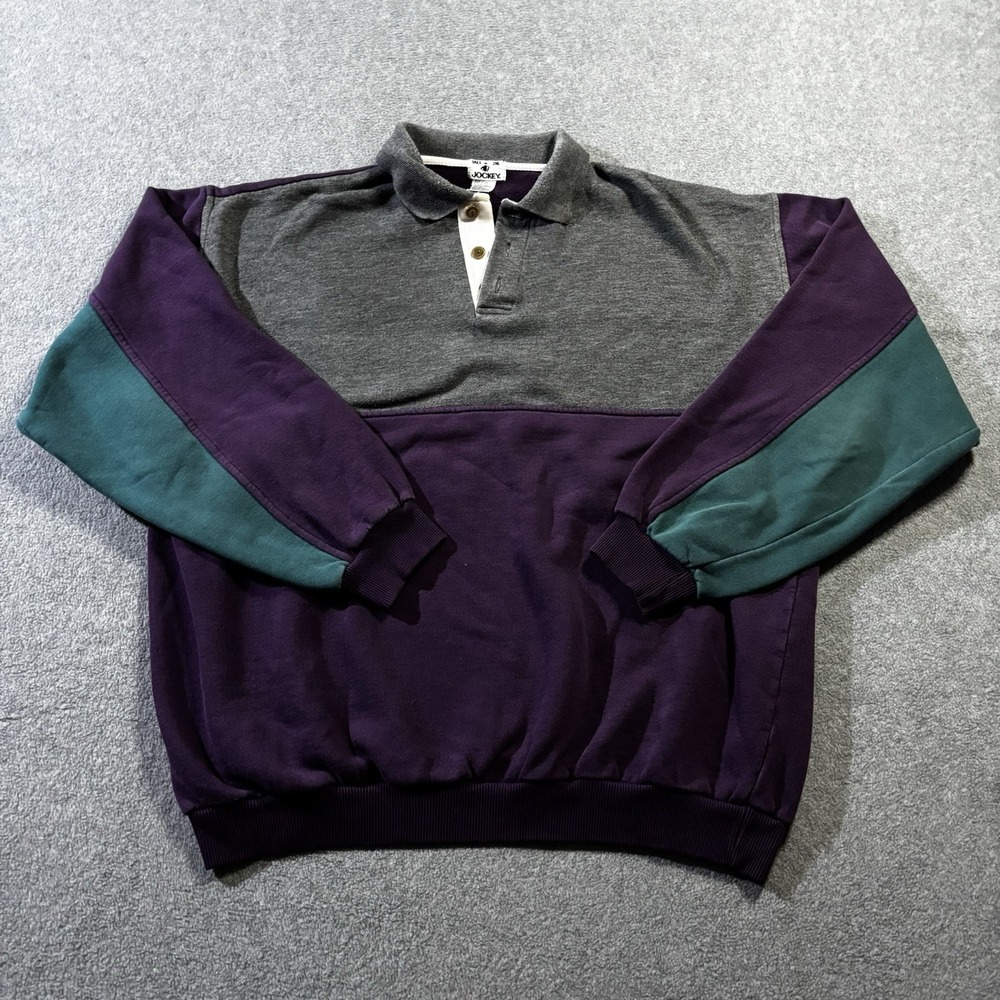 Vintage 90s Jockey Colorblock Polo Sweatshirt Men's 2XL Tall Purple Gray Teal